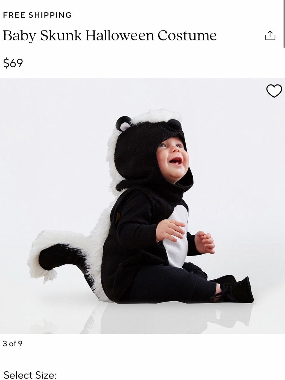 Pottery Barn Baby Skunk Halloween Costume - Black & White 12/24 months